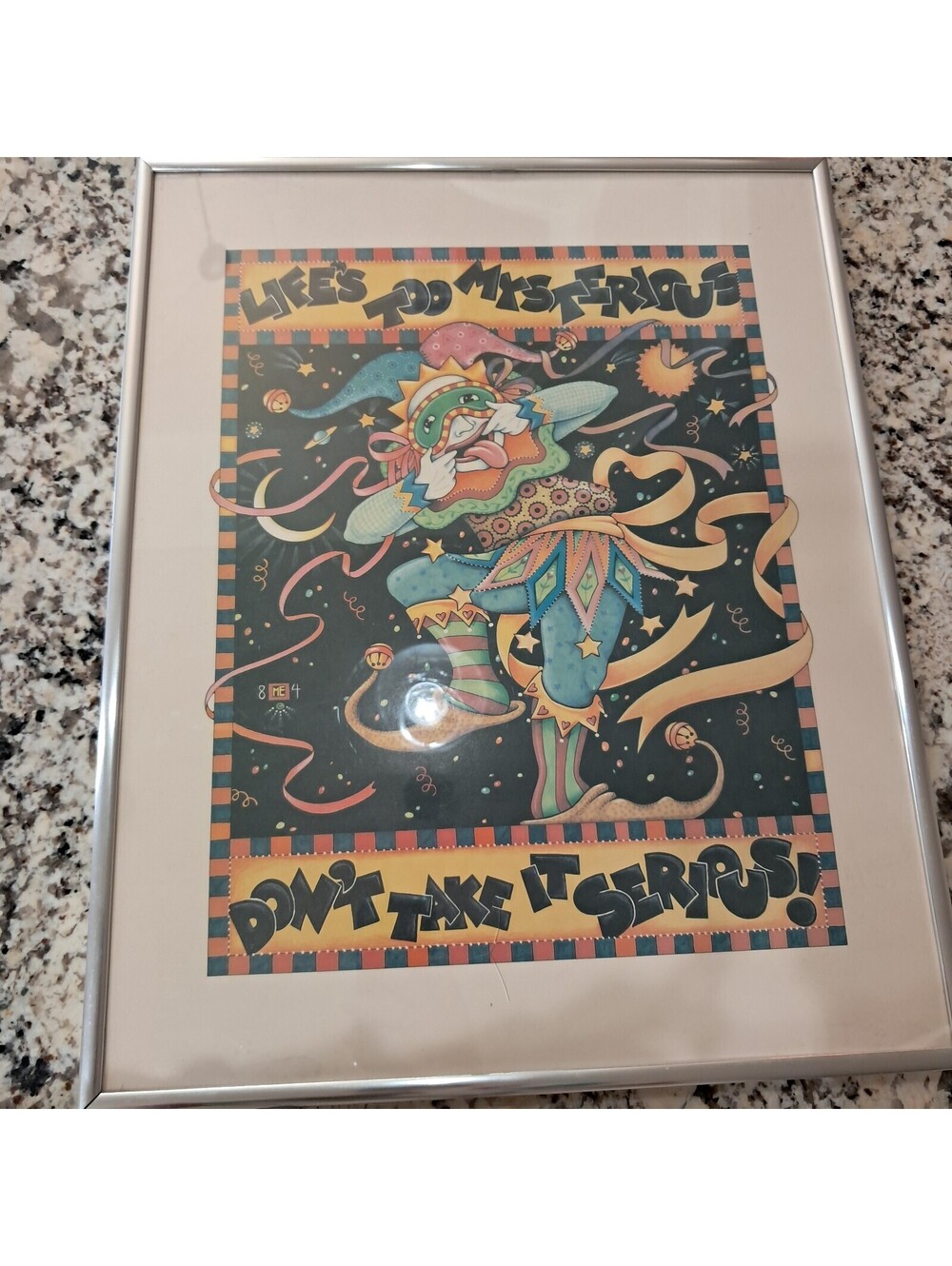 Mary Engelbreit framed art Print Life's Too Mysterious Jester clown Black